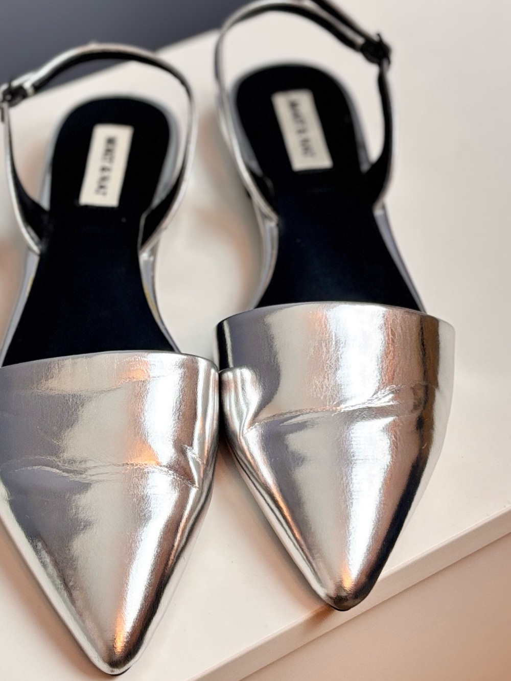 Silver Pointed-Toe Slingback Mules